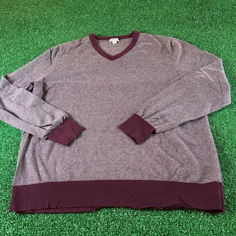 Merona V-Neck Sweater Pullover Knit Top Burgundy‎ White Striped Mens Large